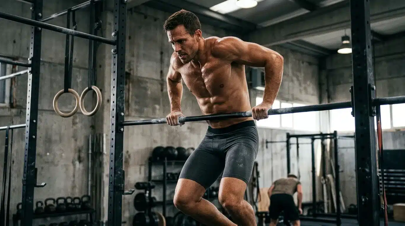 Athlète musclé effectue une traction à la barre horizontale