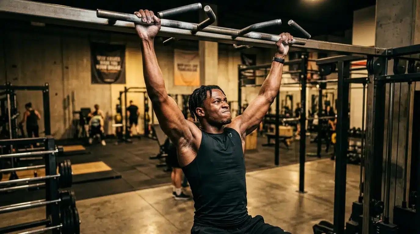 Homme musclé en traction à la barre dans une salle de sport