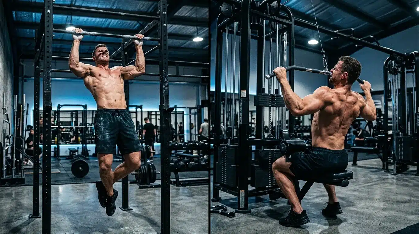 Deux hommes musclés s'entraînent aux barres parallèles en salle.
