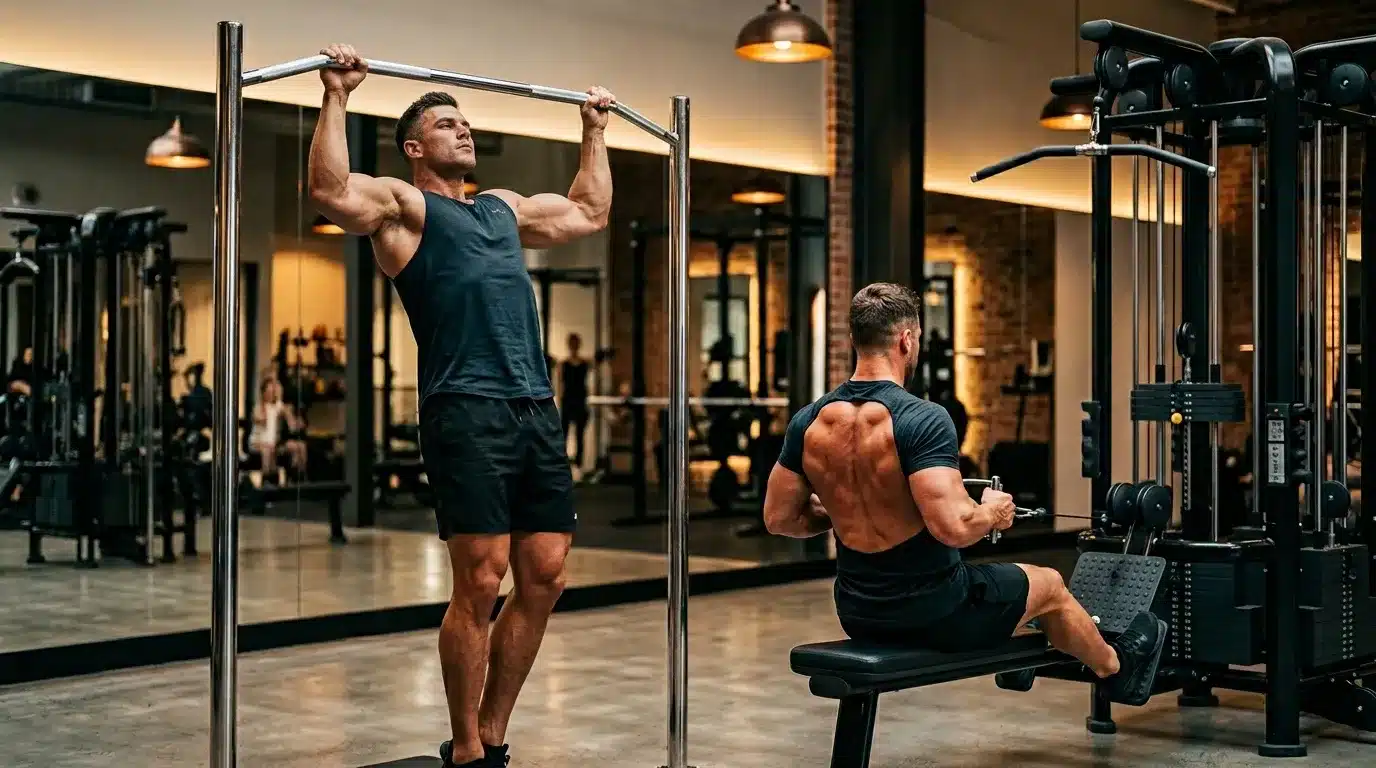 Deux hommes musclés s'entraînent en salle de gym moderne