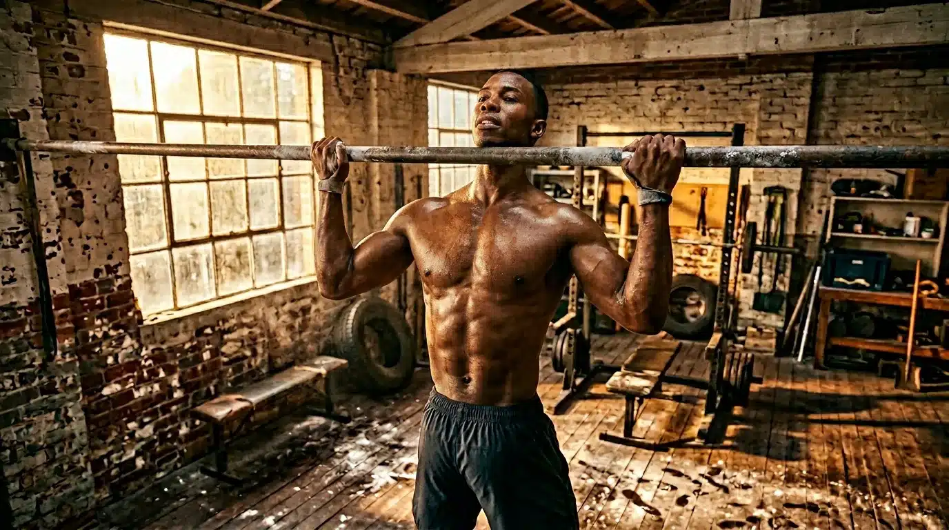 Homme musclé effectuant tractions à la barre en gym