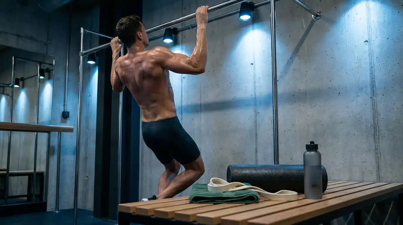 Homme musclé effectuant des tractions à la barre horizontale