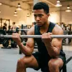 Homme effectuant un squat avec haltère en salle de sport