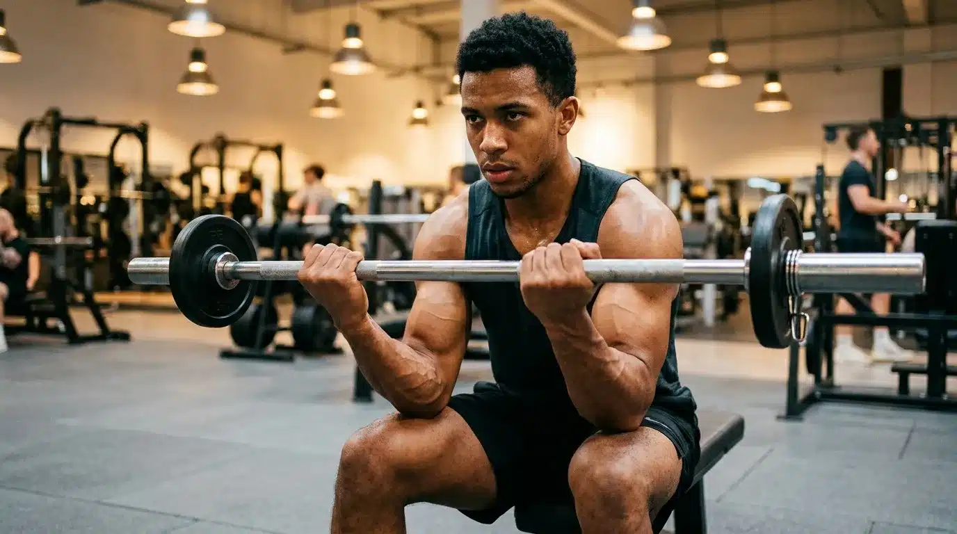 Homme effectuant un squat avec haltère en salle de sport