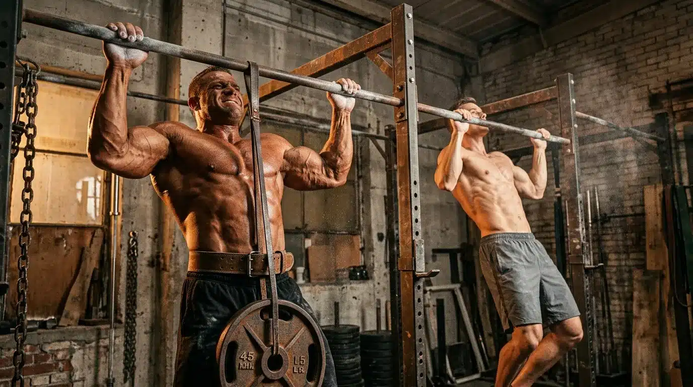 Deux hommes musclés font des tractions à la barre en gym