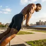 Homme en planche ventrale face à la skyline urbaine