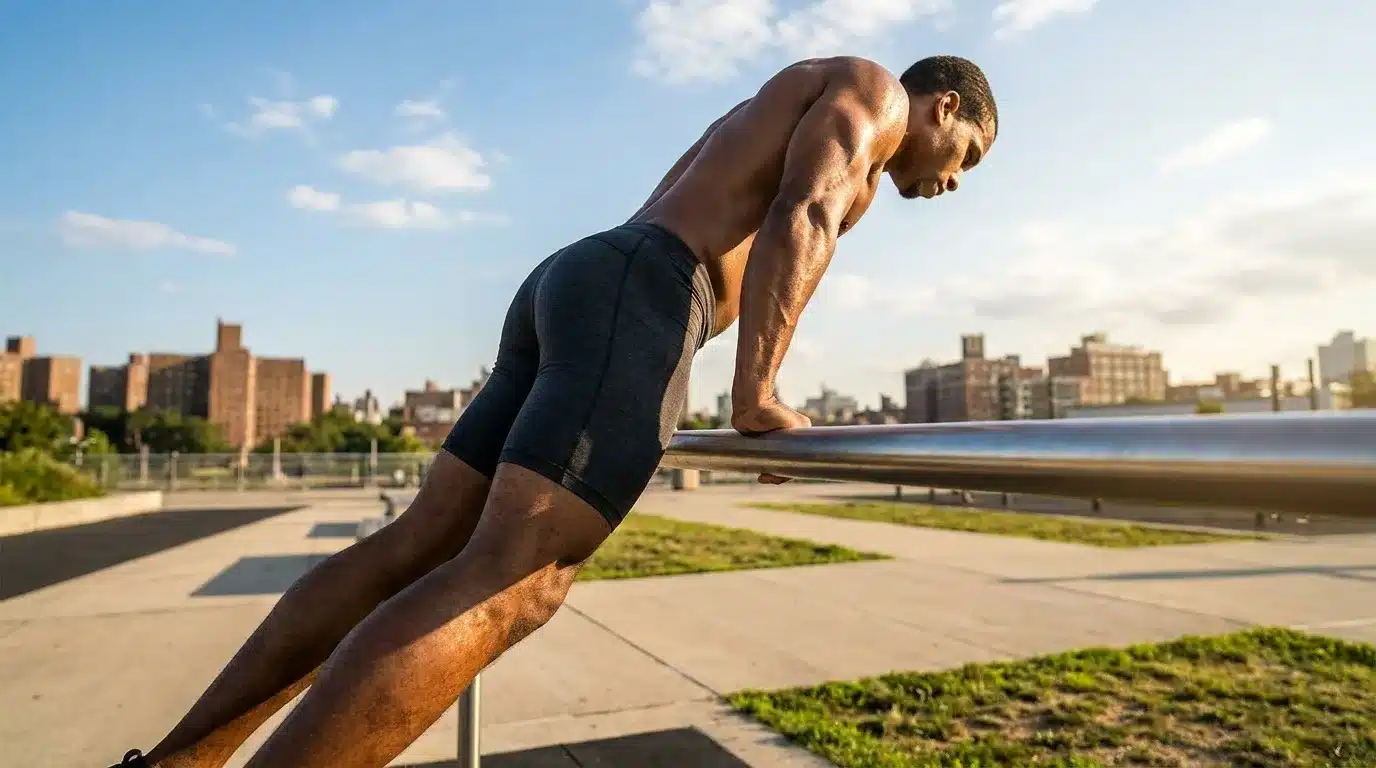 Homme en planche ventrale face à la skyline urbaine