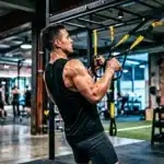Homme musclé utilisant des sangles TRX jaunes à la salle.