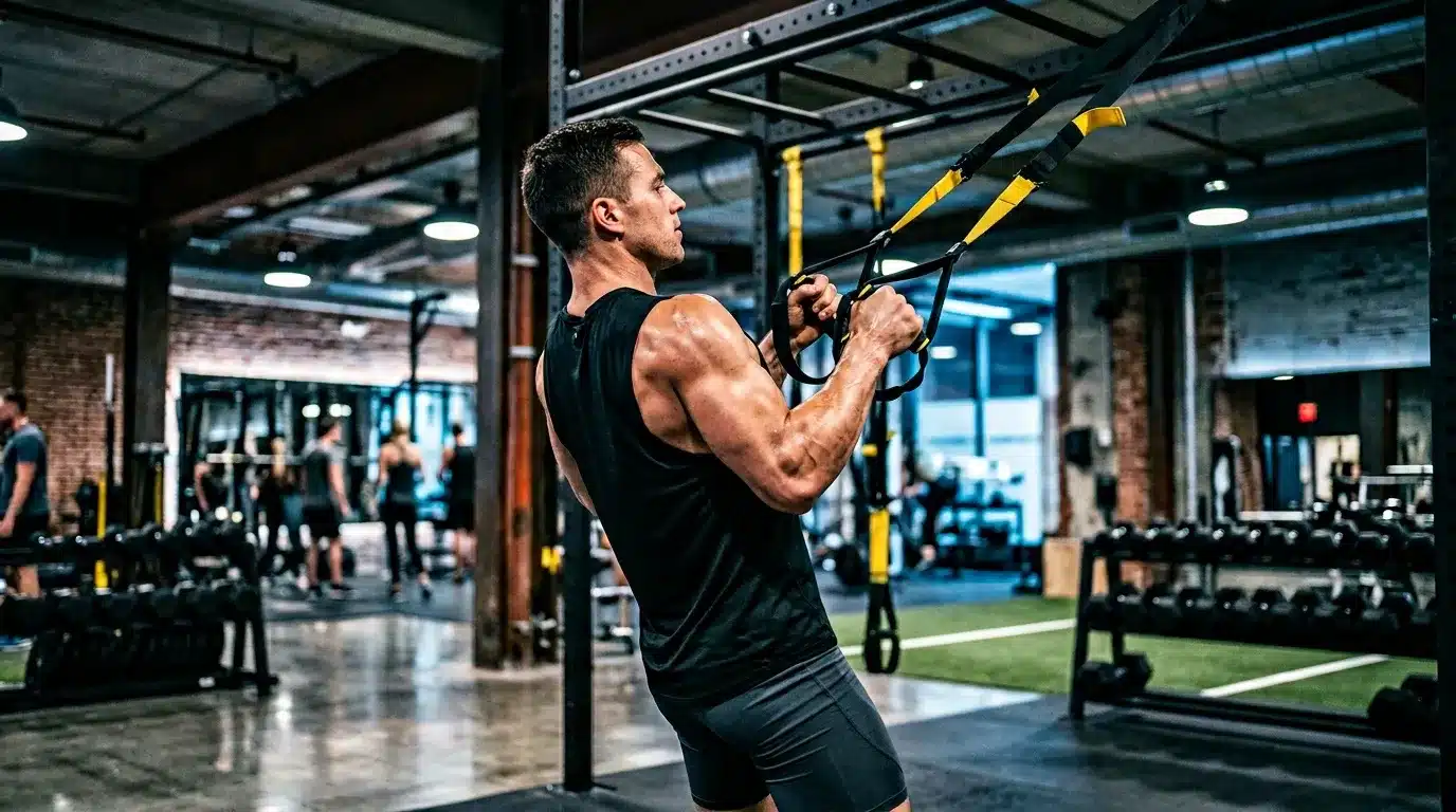 Homme musclé utilisant des sangles TRX jaunes à la salle.