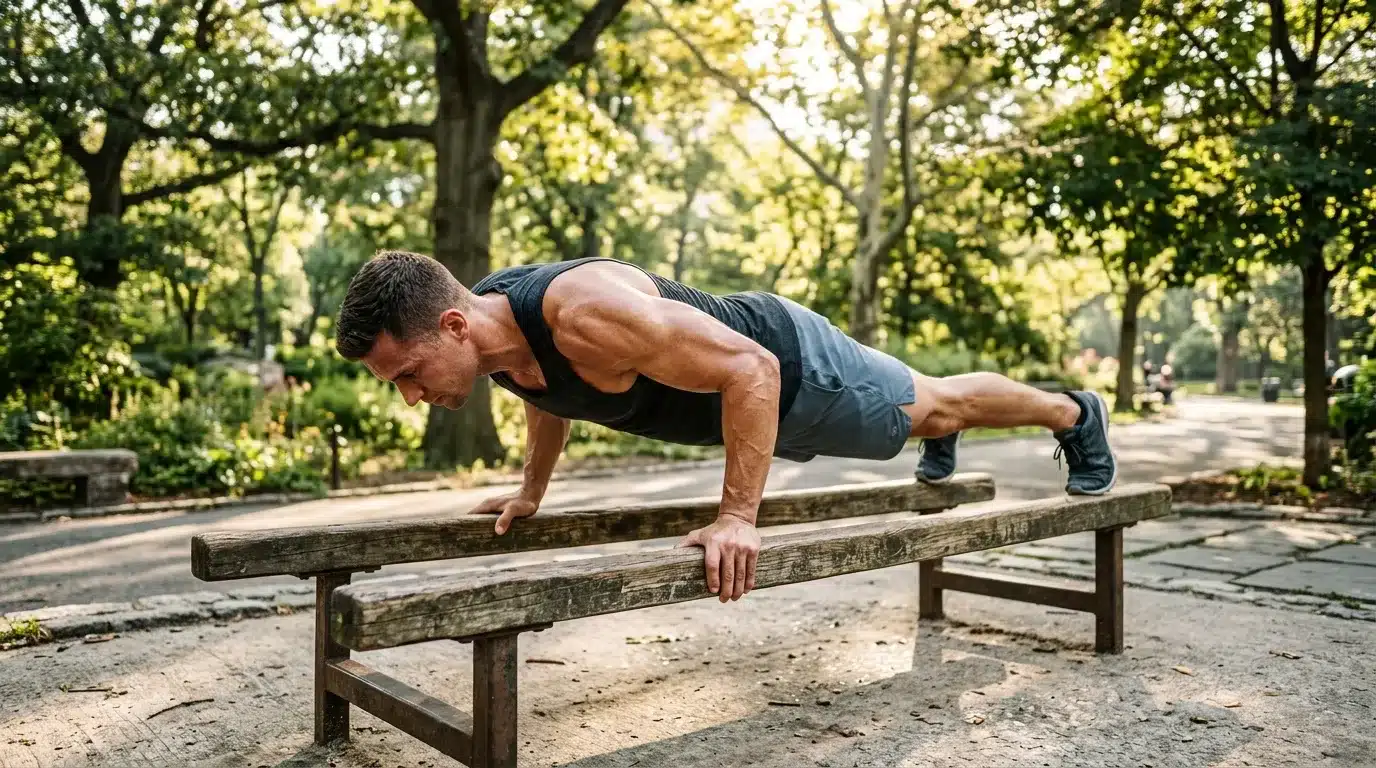Homme musclé effectue une planche sur un banc en bois