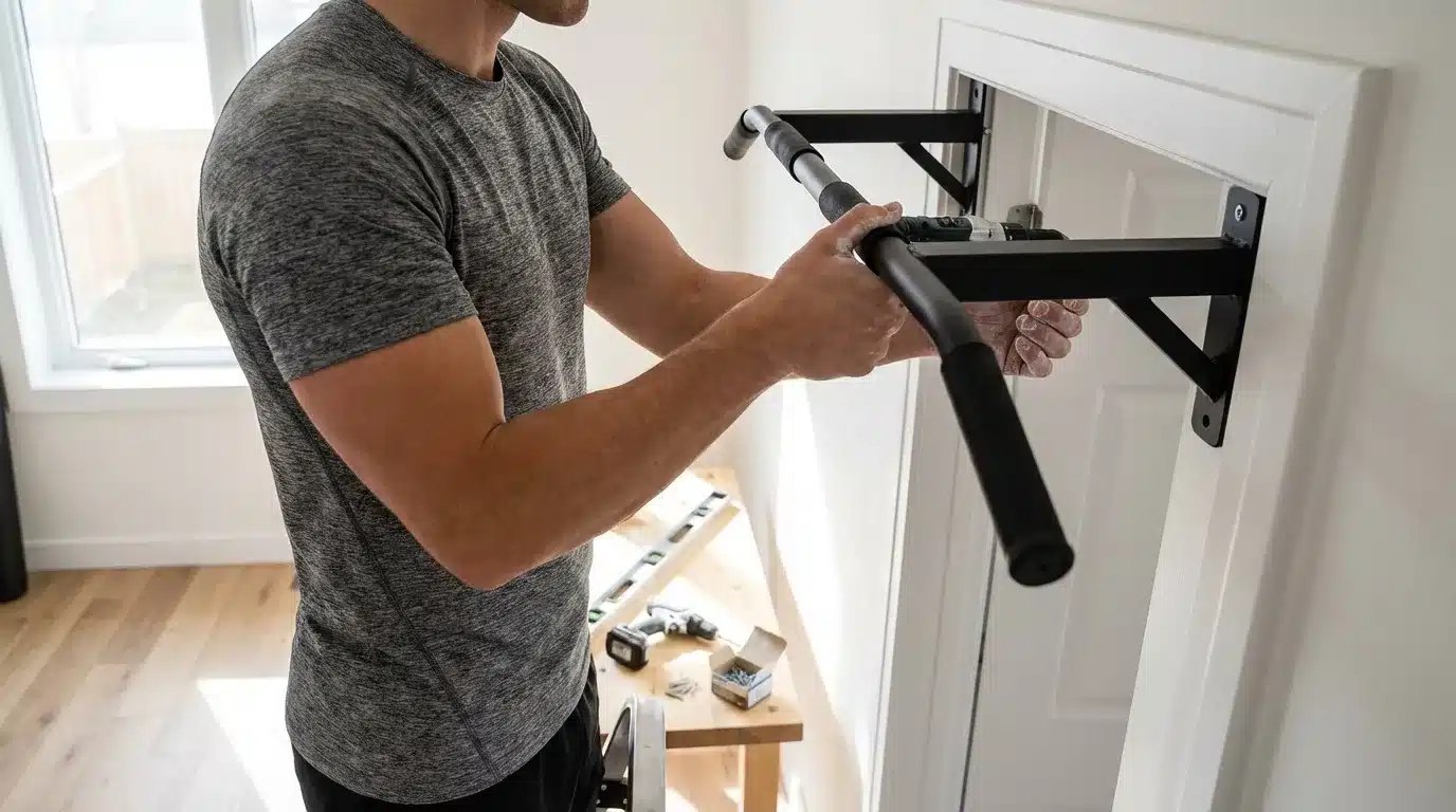 Homme installant une barre de traction noire au mur