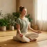 Femme en posture de méditation dans un salon lumineux et végétal