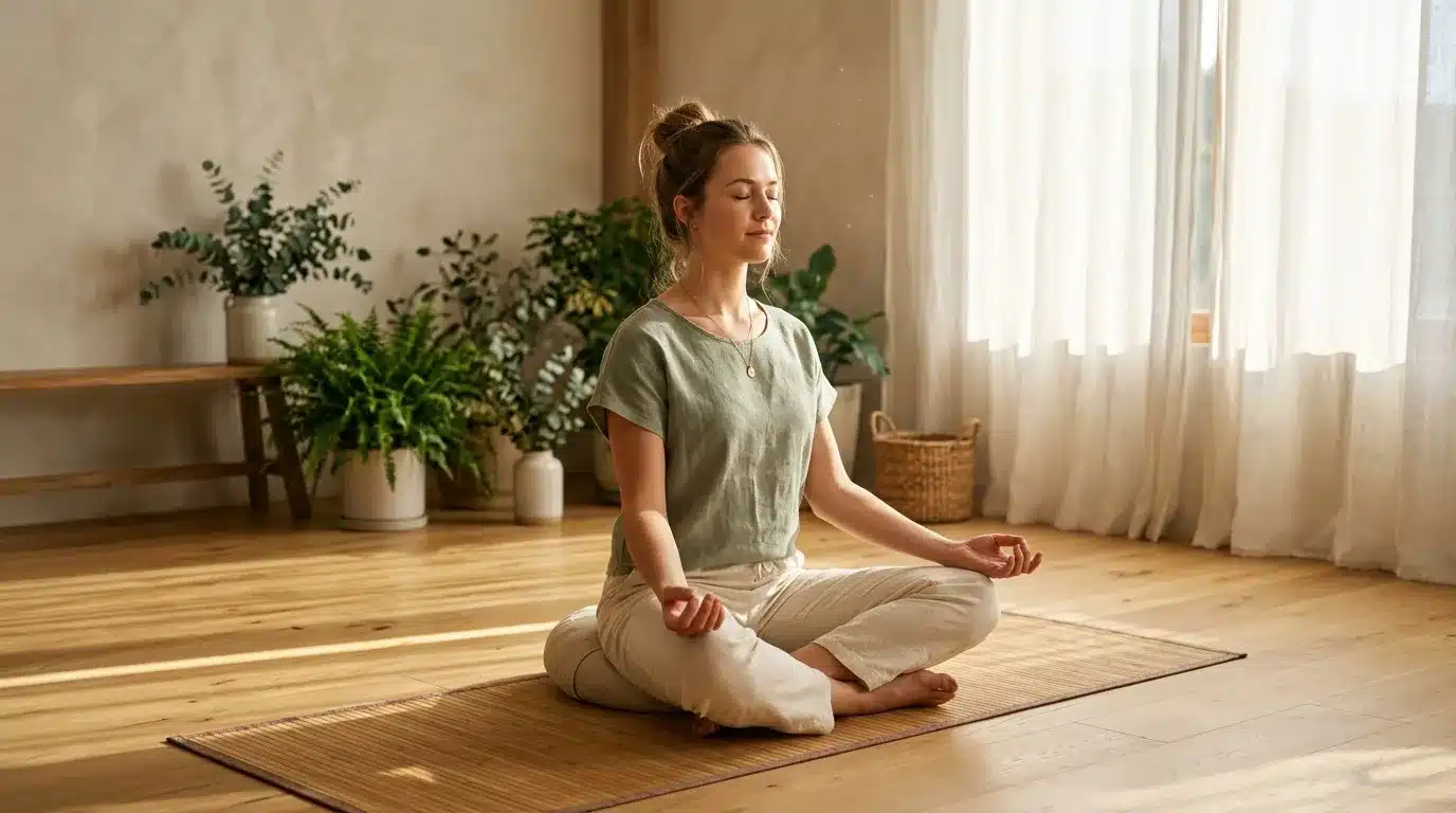 Femme en posture de méditation dans un salon lumineux et végétal