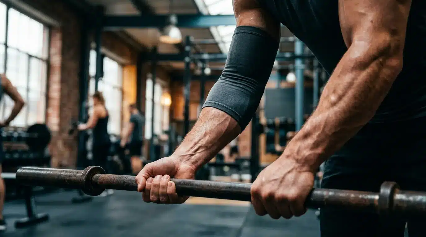 Homme musclé tenant une barre de musculation en salle