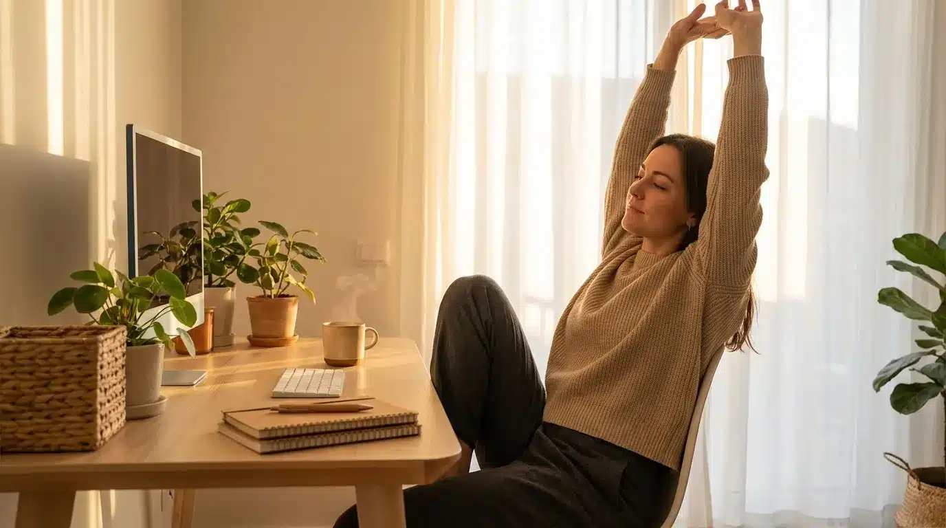 Femme s'étire à son bureau près de plantes vertes