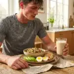 Homme prenant un petit-déjeuner sain avec salade et lait
