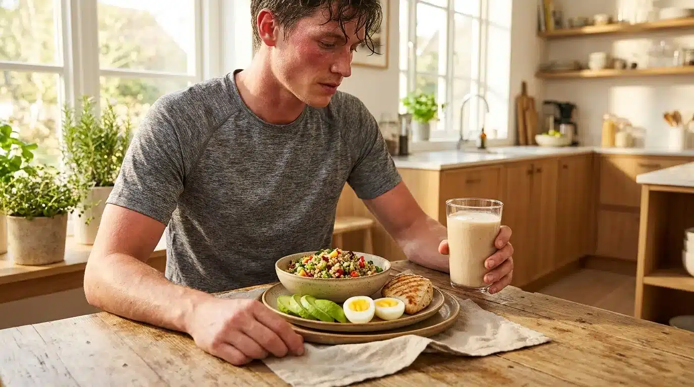 Homme prenant un petit-déjeuner sain avec salade et lait