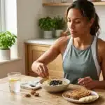 Femme prenant son petit-déjeuner dans une cuisine lumineuse