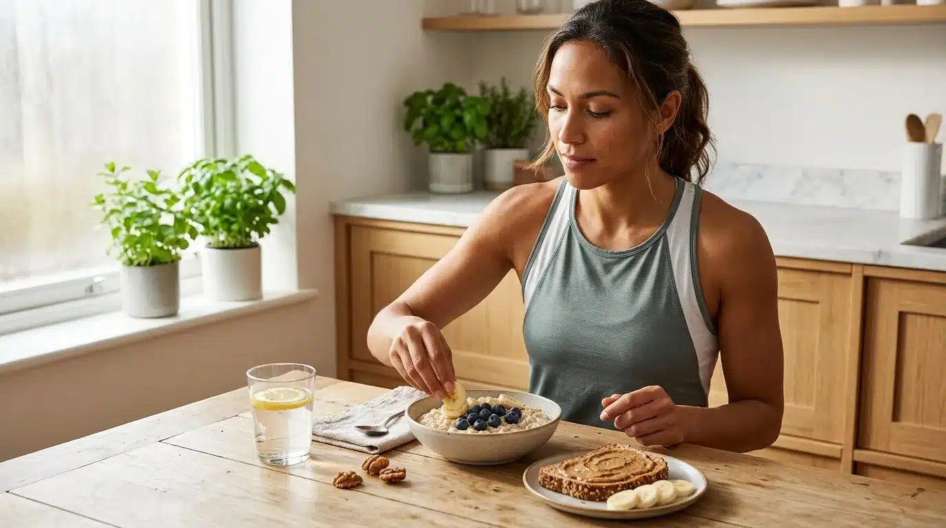 Femme prenant son petit-déjeuner dans une cuisine lumineuse