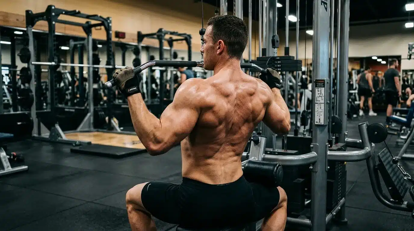 Homme musclé effectuant un exercice de tirage à la salle de sport