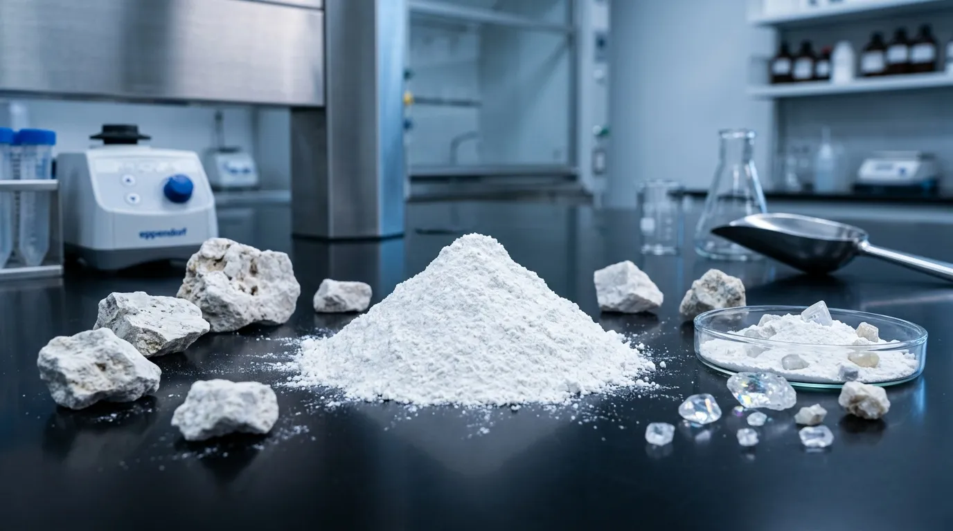 Poudre blanche et roches dans un laboratoire scientifique