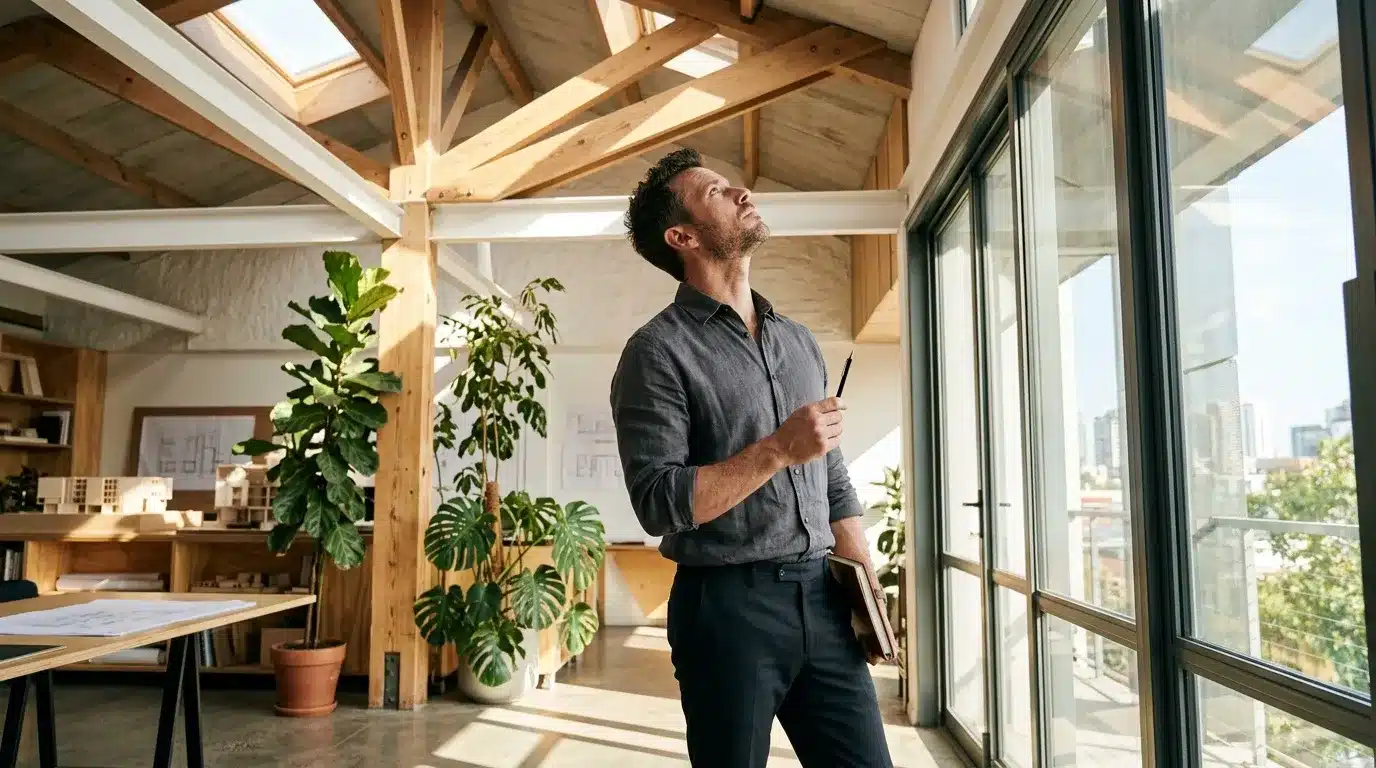Homme en bureau moderne regardant vers le haut avec plans