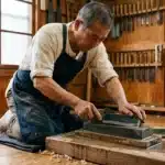 Menuisier affûte une lame dans son atelier