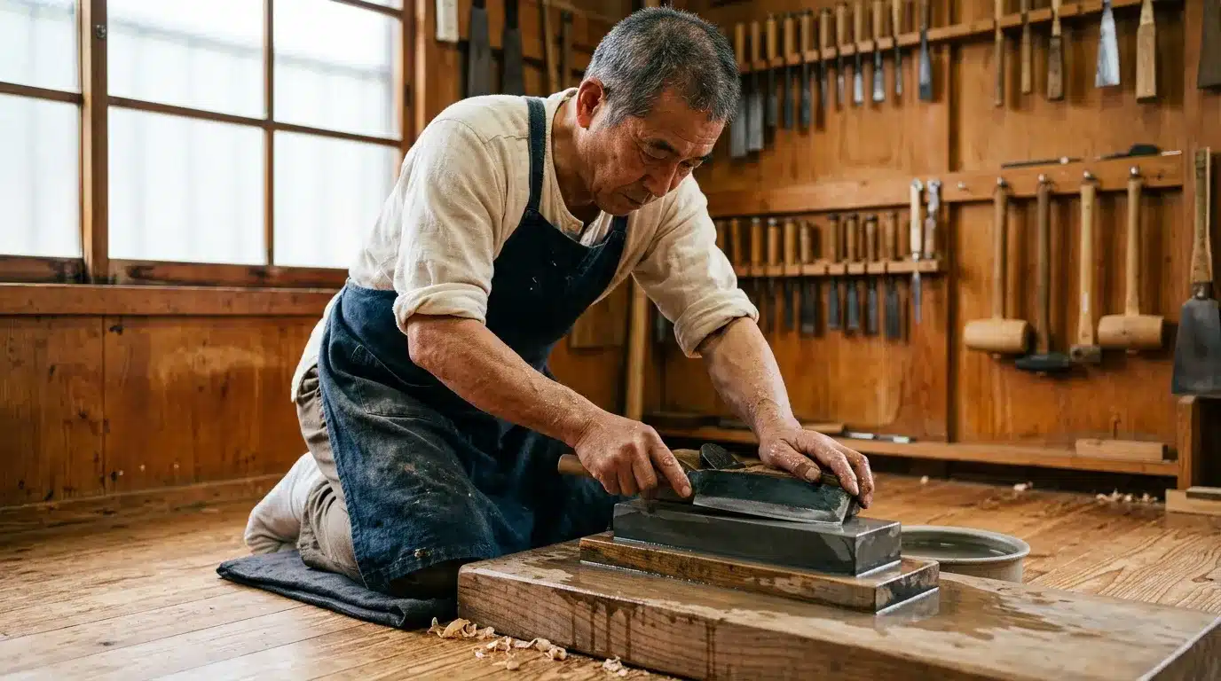 Menuisier affûte une lame dans son atelier