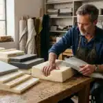 Homme en atelier testant différents échantillons de mousse et matériaux