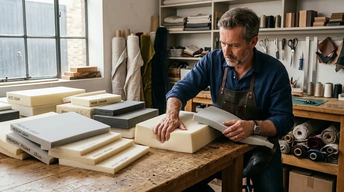 Homme en atelier testant différents échantillons de mousse et matériaux