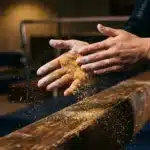 Mains d'ouvrier ponçant une planche de bois en atelier