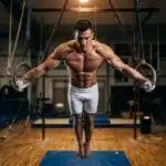 Homme musclé exécutant exercice aux anneaux de gymnastique