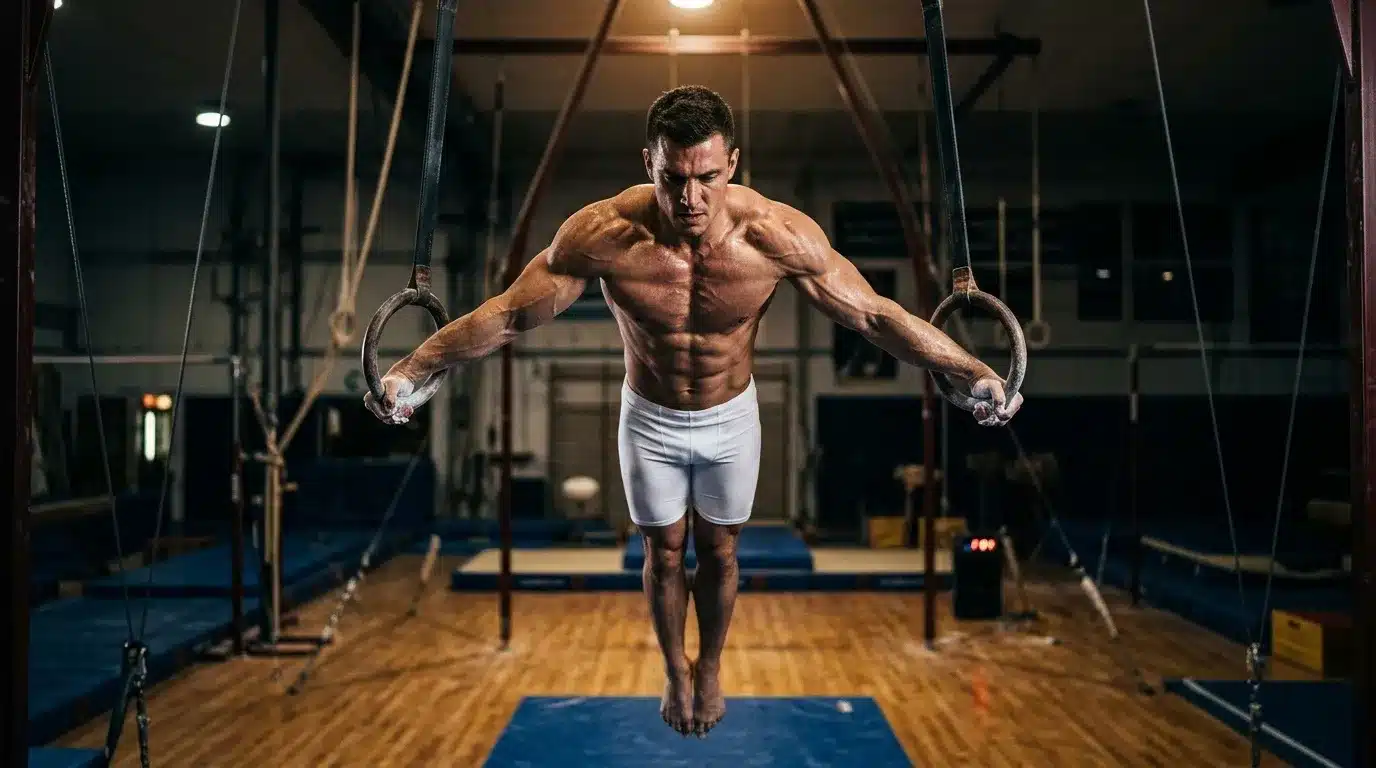 Homme musclé exécutant exercice aux anneaux de gymnastique