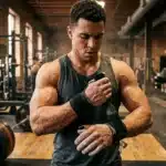 Homme musclé en tenue de sport ajuste ses bandes de poignet