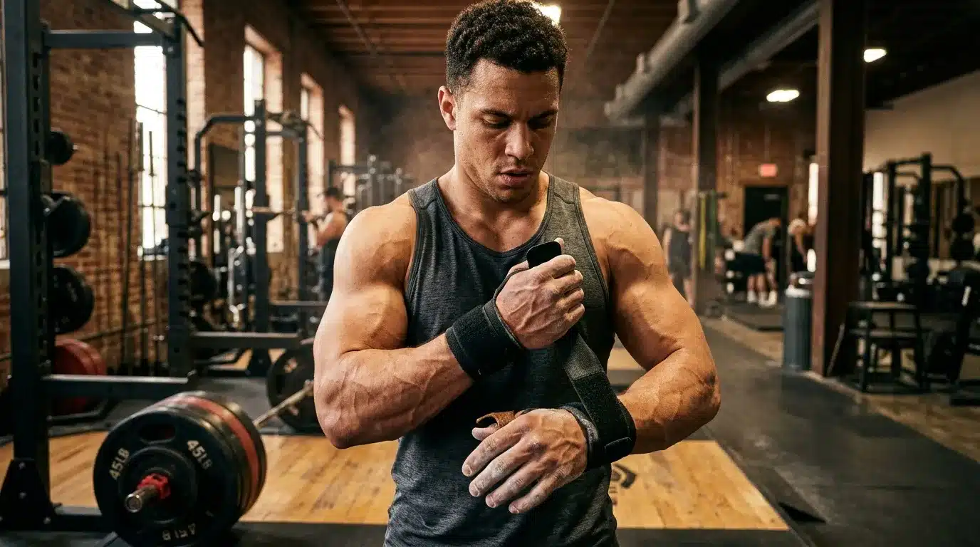 Homme musclé en tenue de sport ajuste ses bandes de poignet