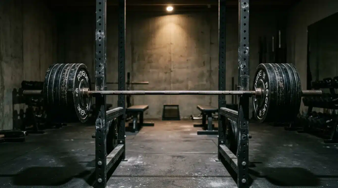 Barre d'haltères chargée de disques dans une salle de sport