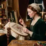 Femme brodant un motif floral dans un atelier victorien