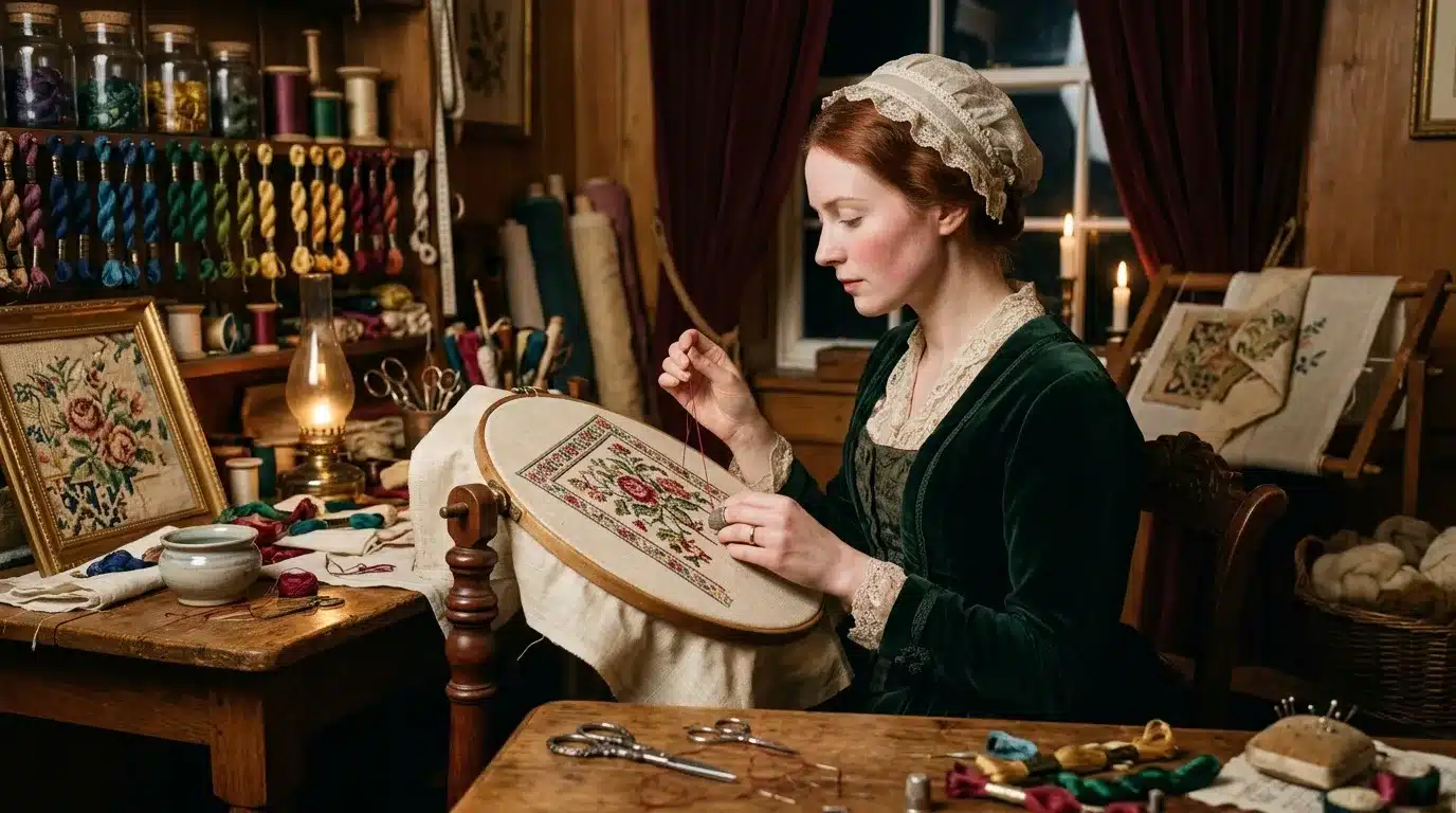 Femme brodant un motif floral dans un atelier victorien