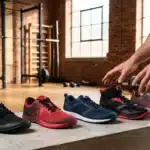 Cinq chaussures de running alignées sur béton en salle de gym