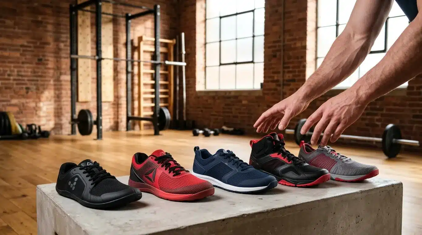 Cinq chaussures de running alignées sur béton en salle de gym