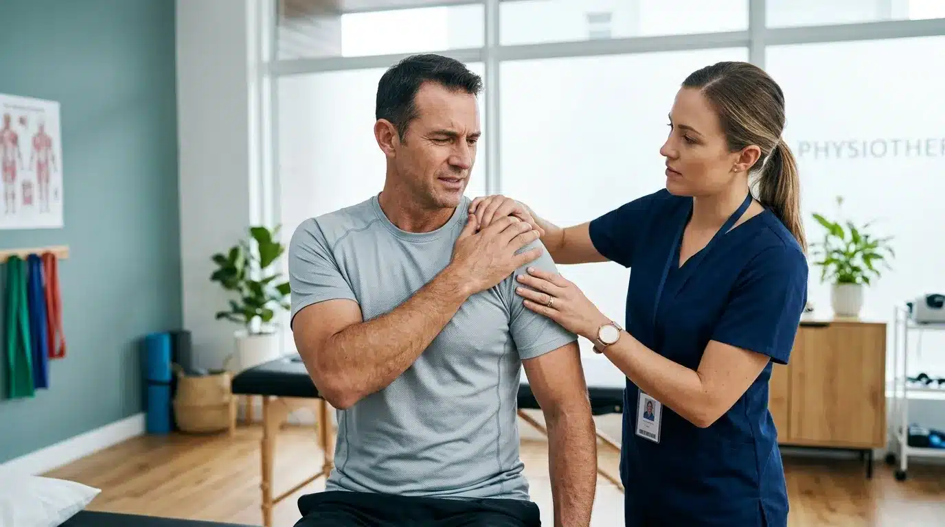 Physiothérapeute examinant l'épaule d'un patient en cabinet