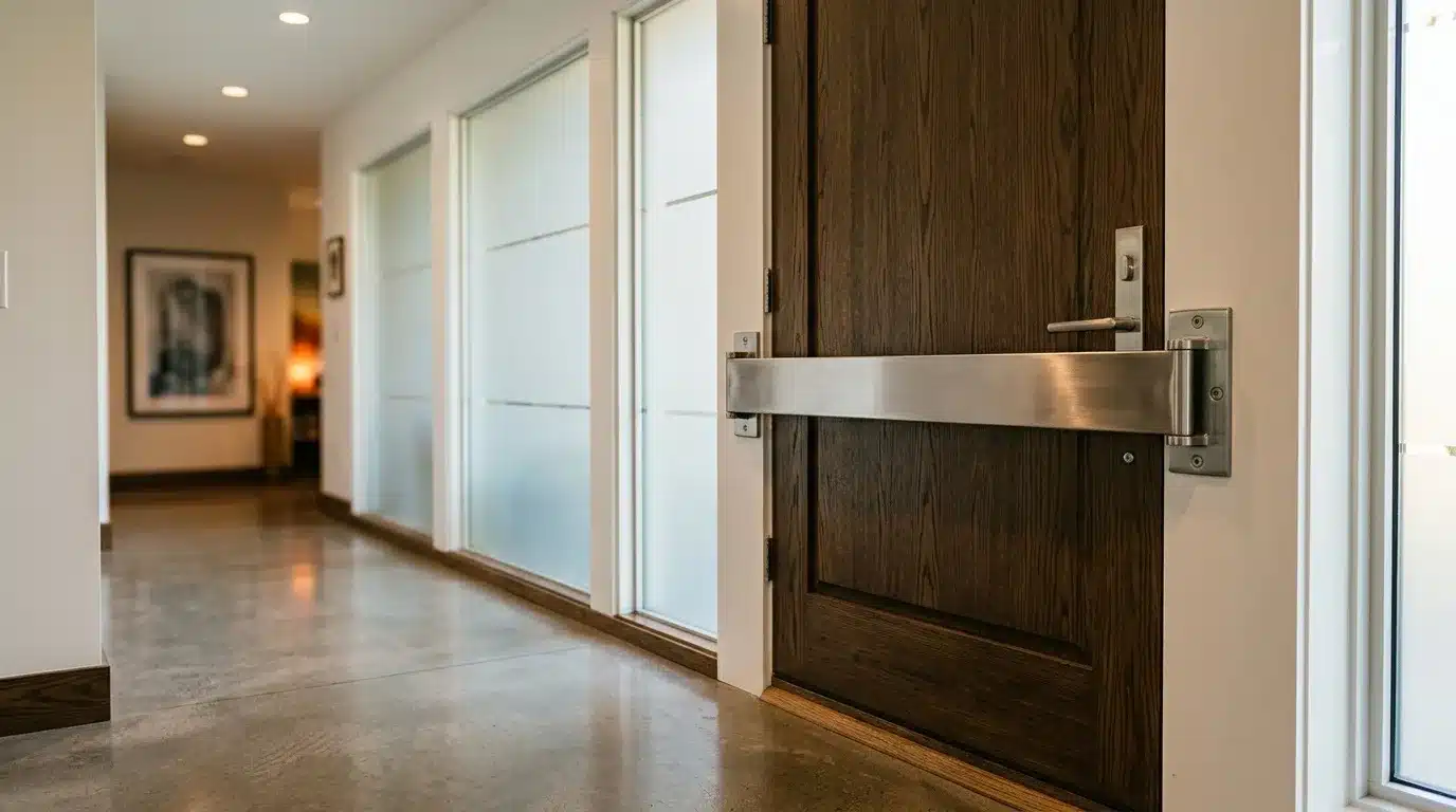 Couloir contemporain avec porte bois foncé et baie vitrée