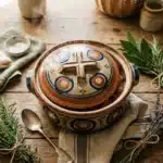 Pot en céramique avec croix sur table en bois rustique