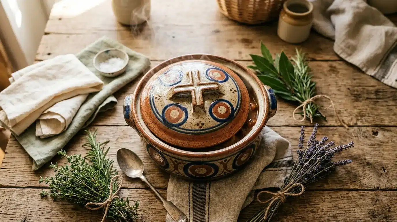 Pot en céramique avec croix sur table en bois rustique