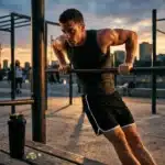 Homme en pull-up sur barre, skyline en arrière-plan