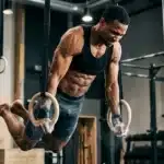 Athlète musclé effectuant des tractions aux anneaux de suspension