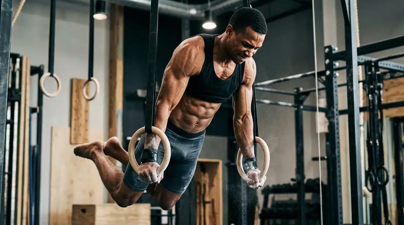 Athlète musclé effectuant des tractions aux anneaux de suspension