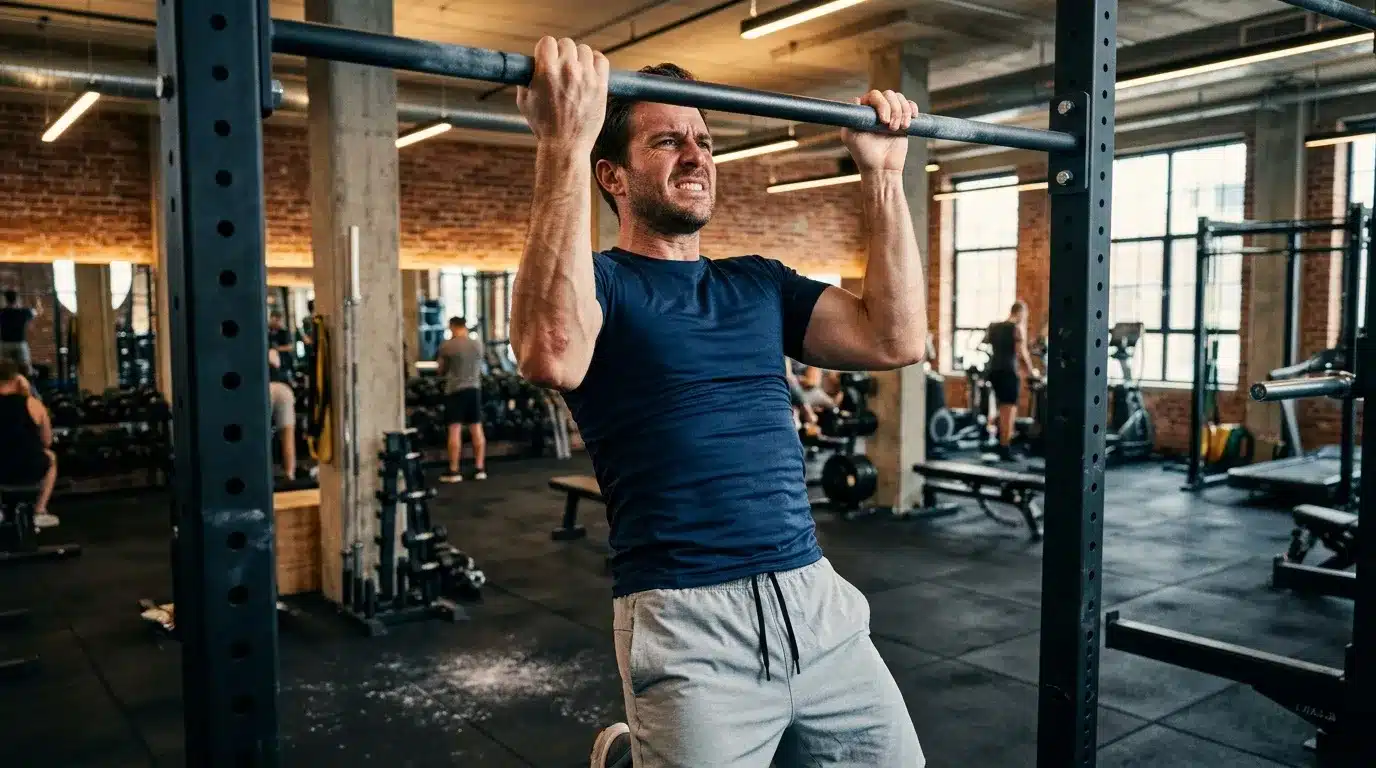 Homme effectuant des tractions à la barre en gym