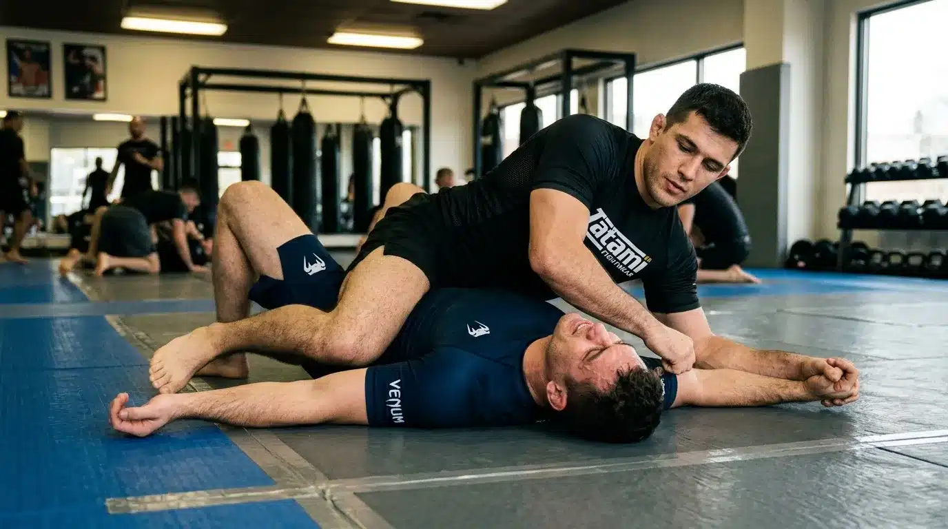 Deux athlètes pratiquent le grappling sur tapis bleu en salle