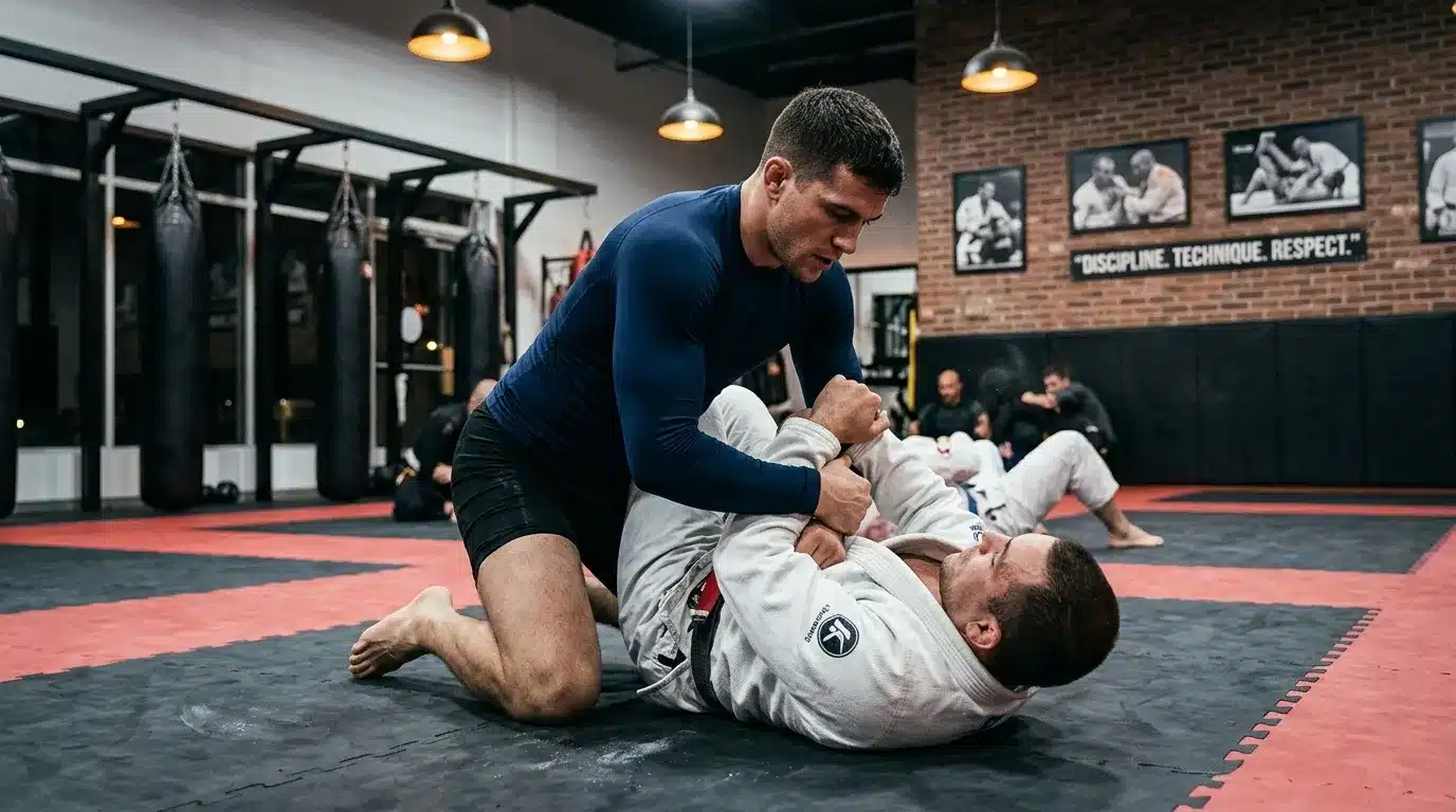 Deux hommes s'entraînent au jiu-jitsu sur un tapis de gym